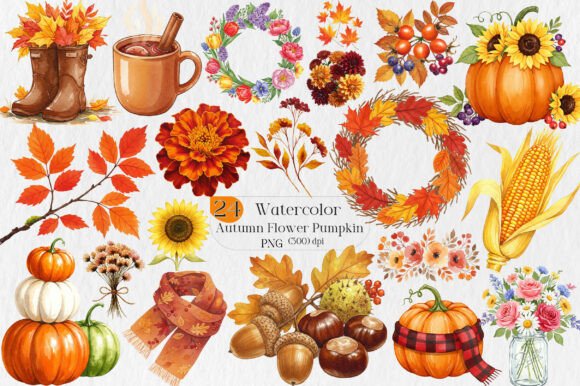 Download Watercolor Autumn Flower Pumpkin Designs - Autumn flower Collection