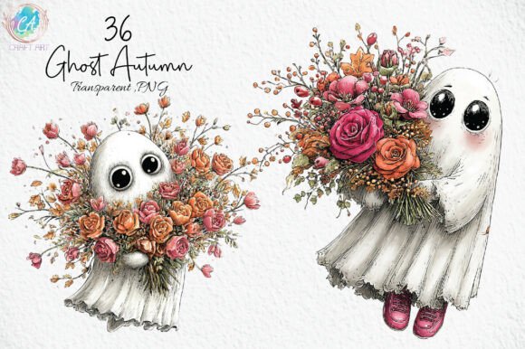 Download Cute Ghost Autumn Flower Bouquet Clipart - Autumn flower Collection